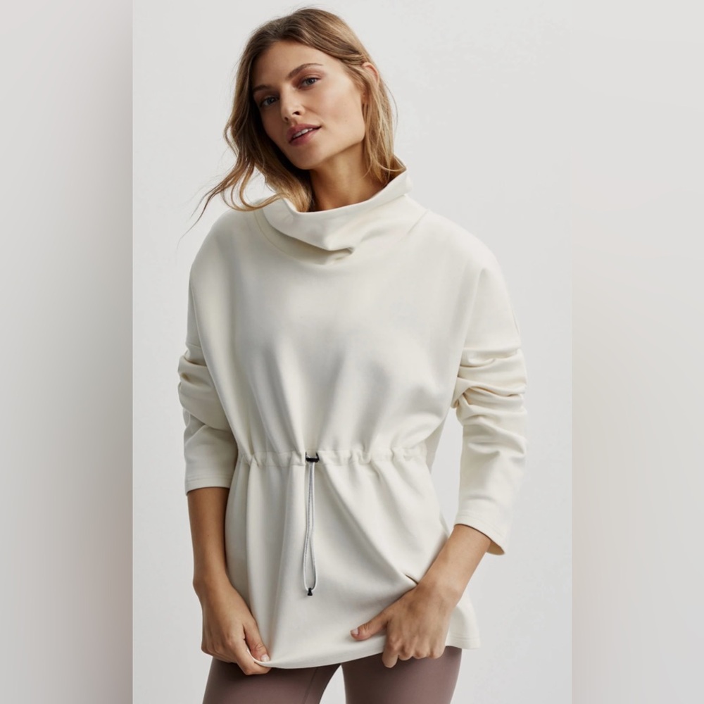 Varley Cream Cowl Neck Drawstring Tunic Sweater